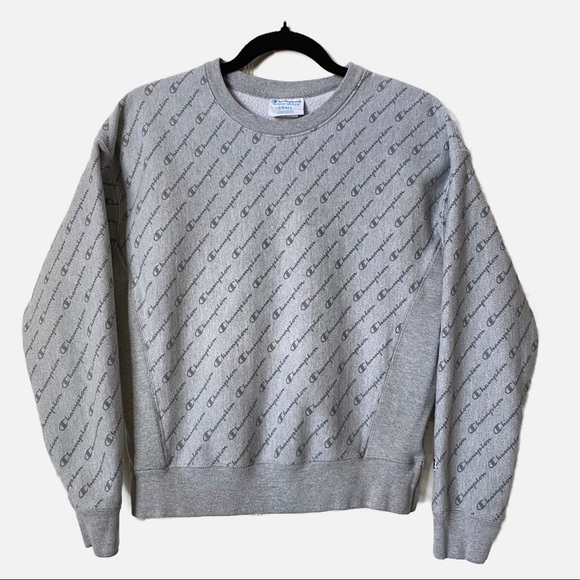 Champion Women’s Gray Reverse Weave All Over Script Sweatshirt Small - Picture 1 of 7